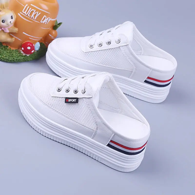 Women's Mesh Half Slippers  Surface Hollowed Summer Versatile Student Bones Outdoor Breathable Closed Toe Mesh Casual Shoe White