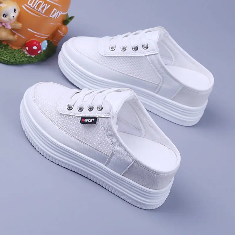 Women's Mesh Half Slippers  Surface Hollowed Summer Versatile Student Bones Outdoor Breathable Closed Toe Mesh Casual Shoe White