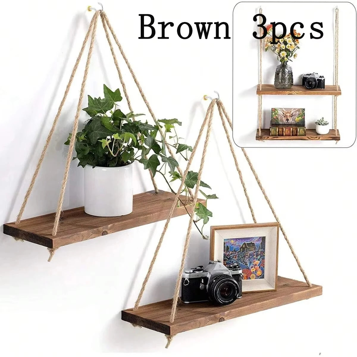 Floating Wooden Shelf with Hemp Rope