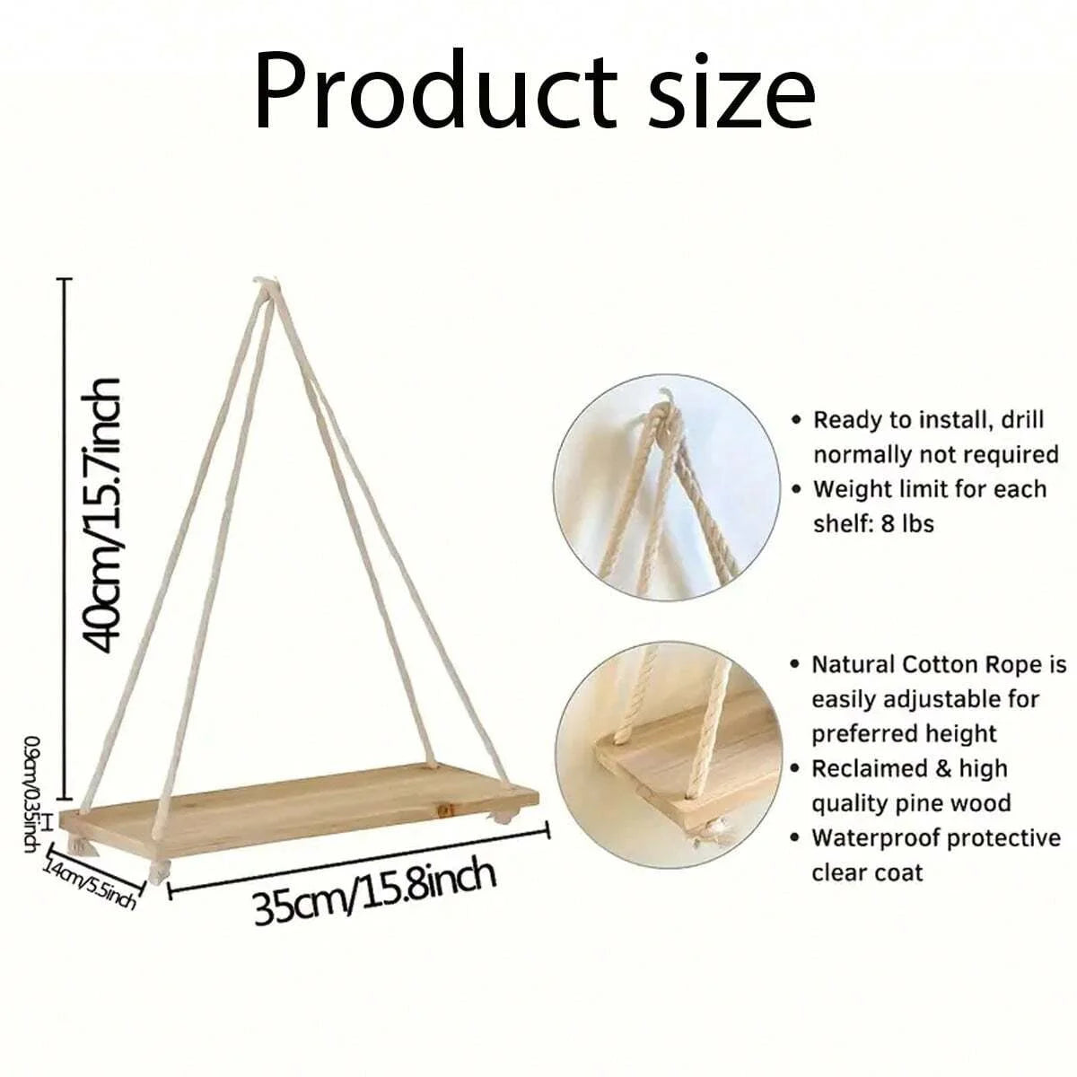 Floating Wooden Shelf with Hemp Rope