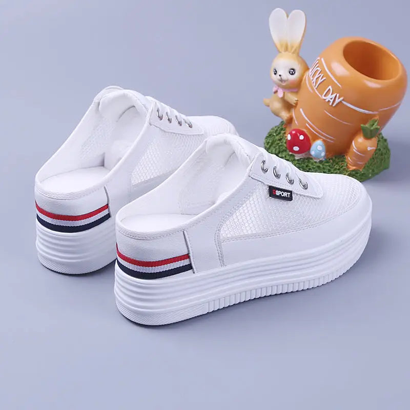 Women's Mesh Half Slippers  Surface Hollowed Summer Versatile Student Bones Outdoor Breathable Closed Toe Mesh Casual Shoe White