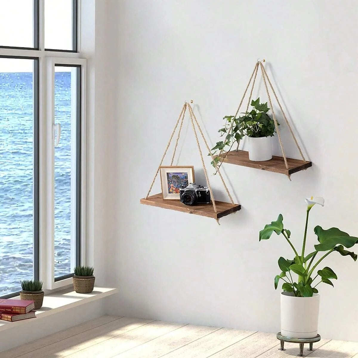 Floating Wooden Shelf with Hemp Rope