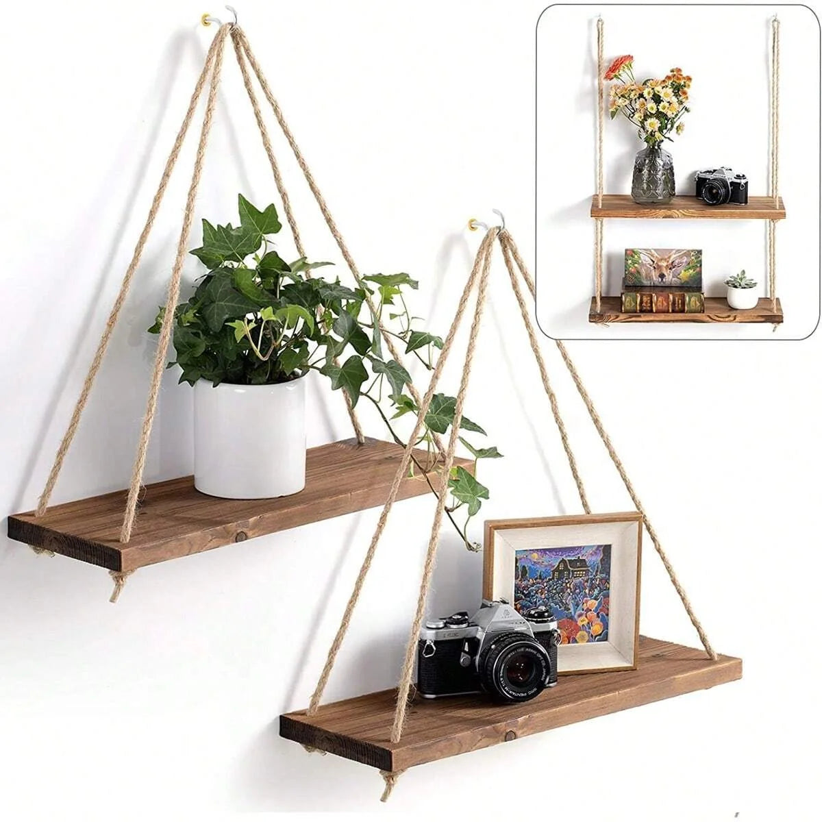 Floating Wooden Shelf with Hemp Rope