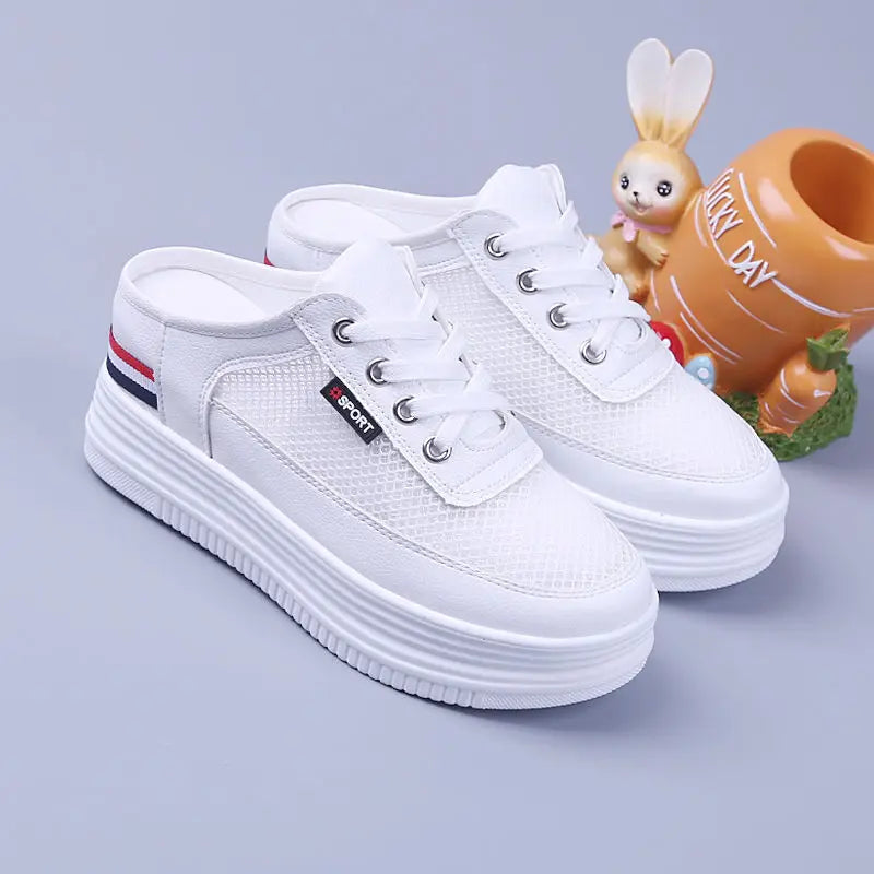 Women's Mesh Half Slippers  Surface Hollowed Summer Versatile Student Bones Outdoor Breathable Closed Toe Mesh Casual Shoe White